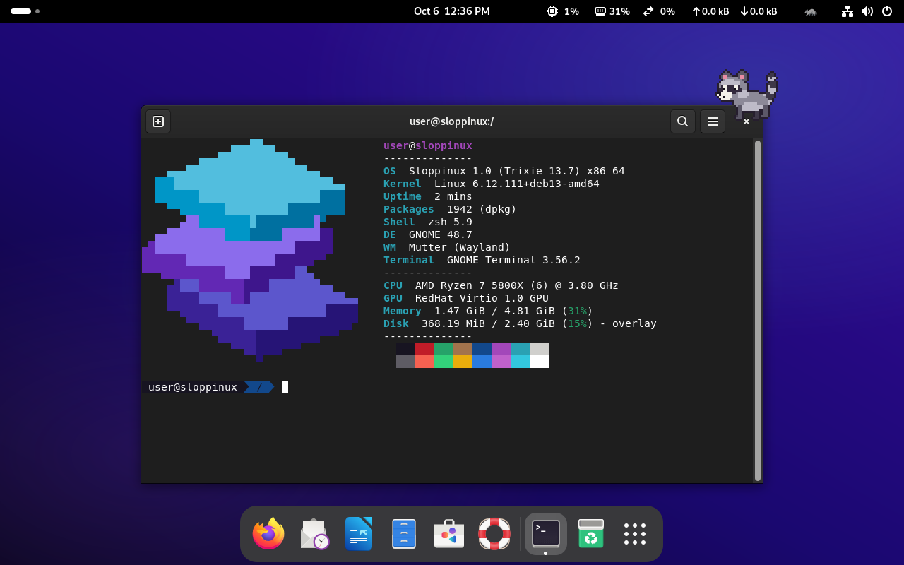 The Sloppinux desktop: a terminal showing fastfetch with the block-art logo, and a pixel-art raccoon walking along the top of the window