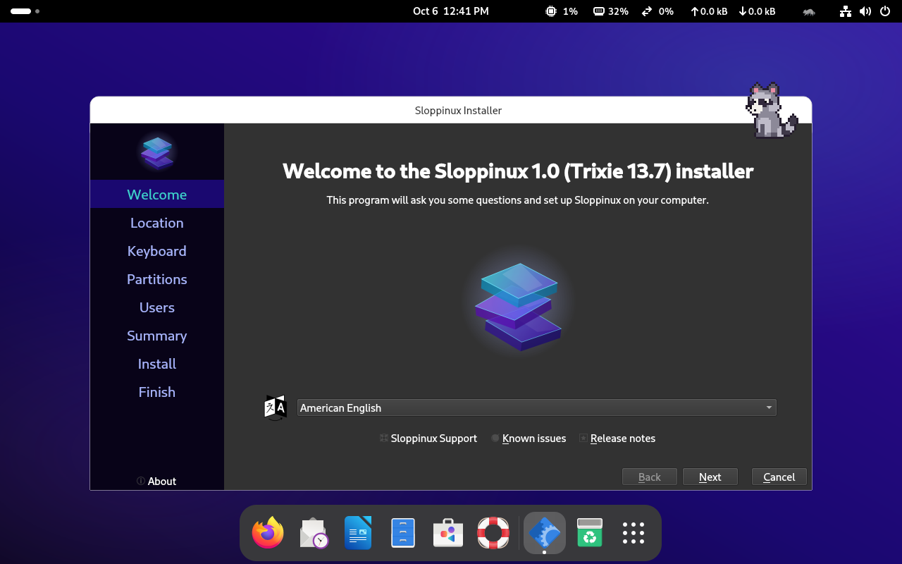 The Sloppinux installer's welcome page, with the raccoon sitting on the corner of the window