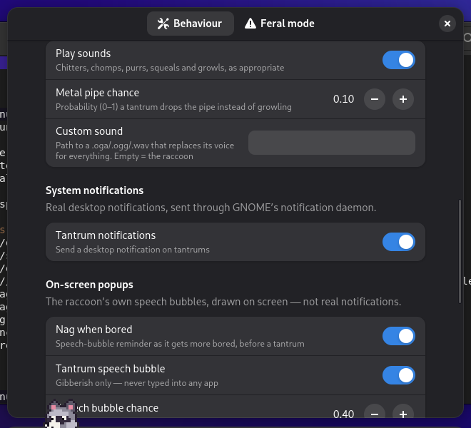 The raccoon's Settings window, with switches for its sounds, notifications and speech bubbles