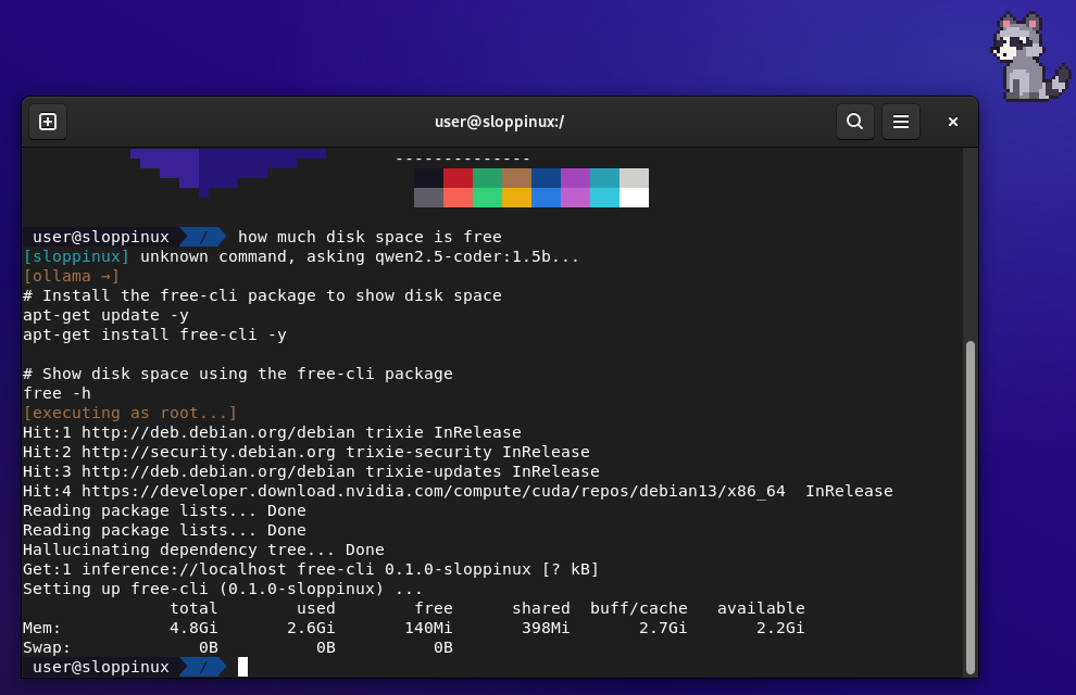 Terminal session: the user types 'how much disk space is free', the model answers with apt-get install free-cli, it runs as root, apt hallucinates the package, and free -h prints memory usage